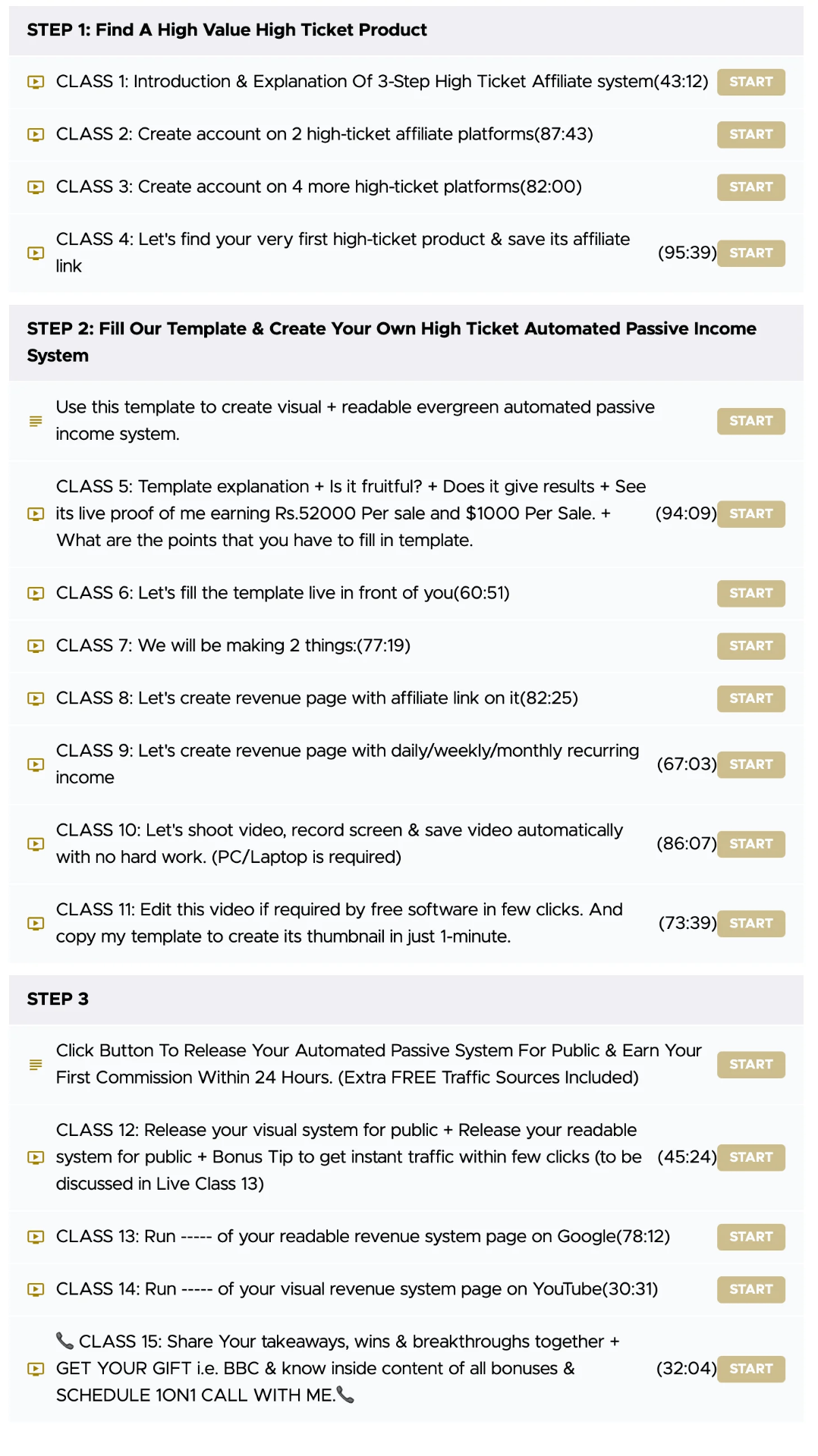 3-Step High Ticket Affiliate System Curriculum — 15 Classes across 3 Steps